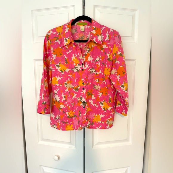 Sigrid Olsen Tops - Sigrid Olsen 3/4 Sleeve Top Large Pink Orange Floral Linen Split Neck High Low